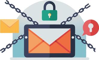 Email security concept with locked email icons, chains, and locks, illustrated in flat style vector