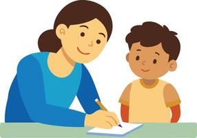 A illustration of a mother helping her child with homework, symbolizing education, support, and parentchild bonding. vector