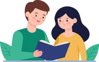 A illustration of a couple reading together, symbolizing knowledge sharing, learning, and relaxation with books. vector