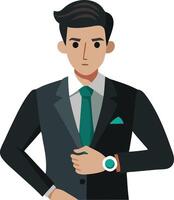 A illustration of a confident businessman in a suit, adjusting his tie, representing success, professionalism, and corporate style. vector