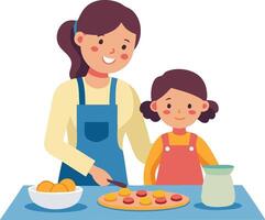 A illustration of a mother and daughter cooking together, symbolizing family bonding, teamwork, and shared activities. vector
