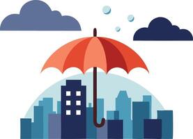 Red umbrella protecting a city from rain, illustrated in a minimal flat design vector