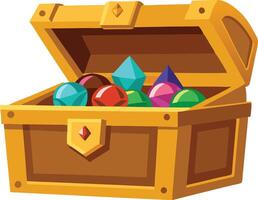 Open treasure chest overflowing with gems, depicted in a bright and whimsical cartoon illustration vector