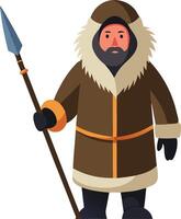 A illustration of a hunter dressed in traditional arctic attire holding a spear, symbolizing survival, culture, and exploration. vector
