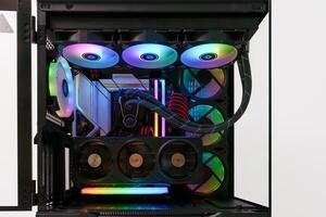 A premium gaming PC build focused on aesthetics and performance, featuring a custom water-cooling loop, Intel Core i9 processor, and NVIDIA GeForce RTX 3090 graphics card in a Lian Li O11 Dynamic case. photo