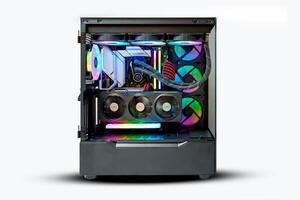 This image features a sleek gaming desktop computer with a tempered glass side panel, showcasing RGB lighting, a powerful graphics card, and efficient liquid cooling for top gaming performance. photo