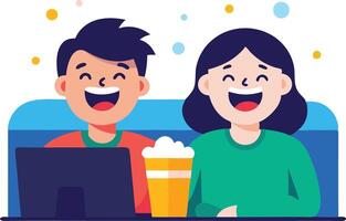 A illustration of two friends enjoying a movie, with snacks and happy expressions, symbolizing fun and friendship. vector