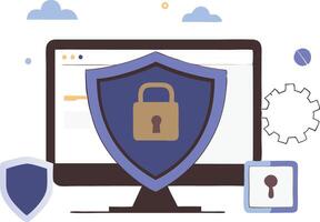 A illustration of a cybersecurity shield on a computer, symbolizing data protection, security, and digital safety. vector