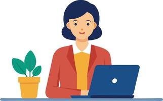 A illustration of a woman working on a laptop at a desk, symbolizing remote work, productivity, and modern business. vector