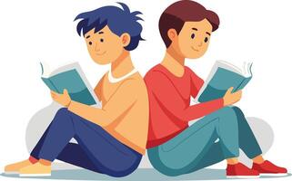 A illustration of two boys sitting backtoback while reading books, symbolizing study, learning, and friendship. vector
