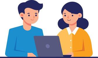 A illustration of a man and woman working together on a laptop, symbolizing teamwork, collaboration, and productivity. vector