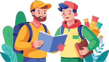 A illustration of two friends with backpacks, symbolizing adventure, travel, and exploration together. vector