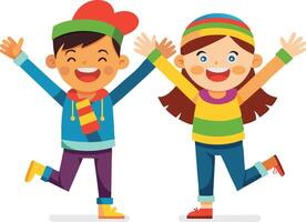 A illustration of two children happily jumping with raised arms, symbolizing joy, fun, and playful childhood. vector