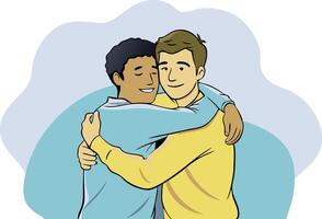 A illustration of two men hugging, symbolizing friendship, care, and emotional support in their relationship. vector