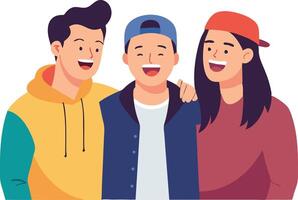 A illustration of three friends standing together, symbolizing friendship, connection, and social interaction. vector
