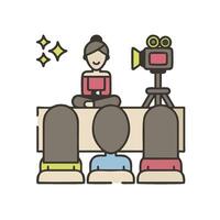 A group of people sitting around a table with a camera vector