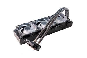 This image features a stylish black and white computer component with three cooling fans. The design highlights modern technology and performance, displayed against a clean white background for clarity. photo