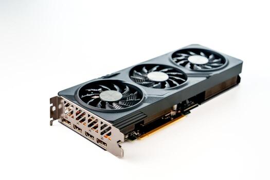 The graphics processing unit, or GPU, is vital for rendering and graphics tasks. It boosts gaming performance and frame rates, featuring three cooling fans in a sleek black and gray design. photo