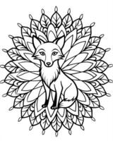 design a clever fox surrounded by intricate mandala patterns, with its bushy tail forming part of vector
