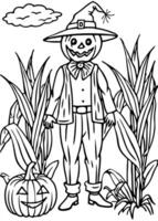 a scarecrow stands in a cornfield with a carved pumpkin at its feet, adding a rustic, harvest-time vector