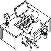 top view of man sitting by the desk at working space in office chair simple laptop on the table vector