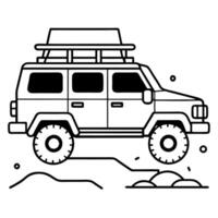 a rugged off-road suv with large, knobby tires, a roof rack with camping gear, and mud splashed up vector