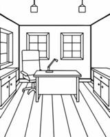 cartoon, empty direktors office, wooden floor, illustration line art vector