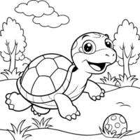 illustrate a playful, cute hatchling baby turtle in a grassy park, chasing a ball with joyful vector