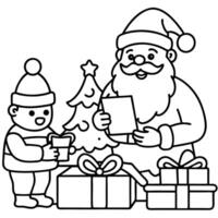 santas workshop filled with toys, elves working on presents, and santa checking his list in the vector