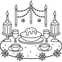 a table set for christmas dinner with candles, garlands, and festive plates, illustration vector