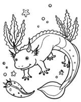 axolotl with seahorses with ocean elements, illustration line art vector