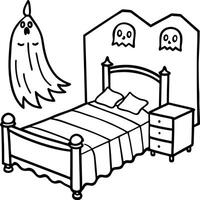 dark spooky room with an old bed, a nightmare and a ghost under the bed, illustration line vector