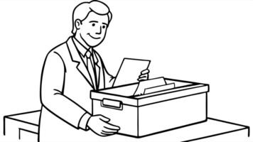 a doctor sitting at a desk is putting a file in a box with his left hand, illustration line vector