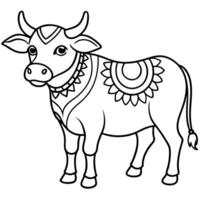 a coloring page of a cow with mandala patterns on its head and body, with no color just black lines vector