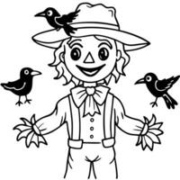 a whimsical scarecrow with a friendly smile surrounded by crows, illustration line art vector