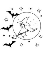 a witch flying on her broomstick across a starry sky with the full moon glowing behind her, bats vector