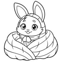 a coloring page of a cute chibi rabbit in a blanket with pillows, illustration line art vector