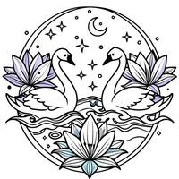 Swans in the water with lotus flowers and stars vector