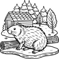 A beaver sitting on a log coloring page vector