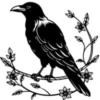 A black crow sitting on a branch with flowers vector
