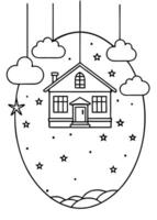 A house with clouds and stars in the sky coloring page vector
