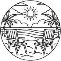 a beach scene with chairs and sunset on the beach, illustration line art vector