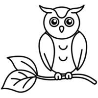 owl on branch with leaf staring at his prey, illustration line art vector