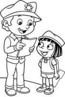 dora the explorer in front of police station while ask to policeman about map, illustration vector