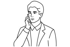 continuous single line drawing of young businessman talking on phone, line art illustration, vector