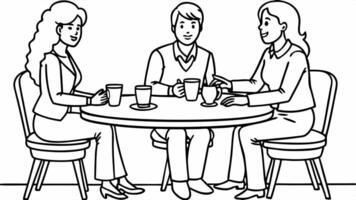 2 women and a man sit at the table to talk, with neutral expressions, make a full plan of the vector