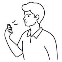 minimalist icon a young man in profile spraying perfume on himself, holding a small bottle in one vector