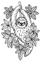 a slow-moving sloth hanging upside down from a tree branch, surrounded by bright jungle flowers, vector