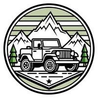 emblem for a university with large hiking jeep, vintage --no shading detail realistic color, vector