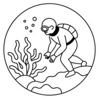 a diver exploring the vibrant colors of a coral atoll ecosystem, illustration line art vector